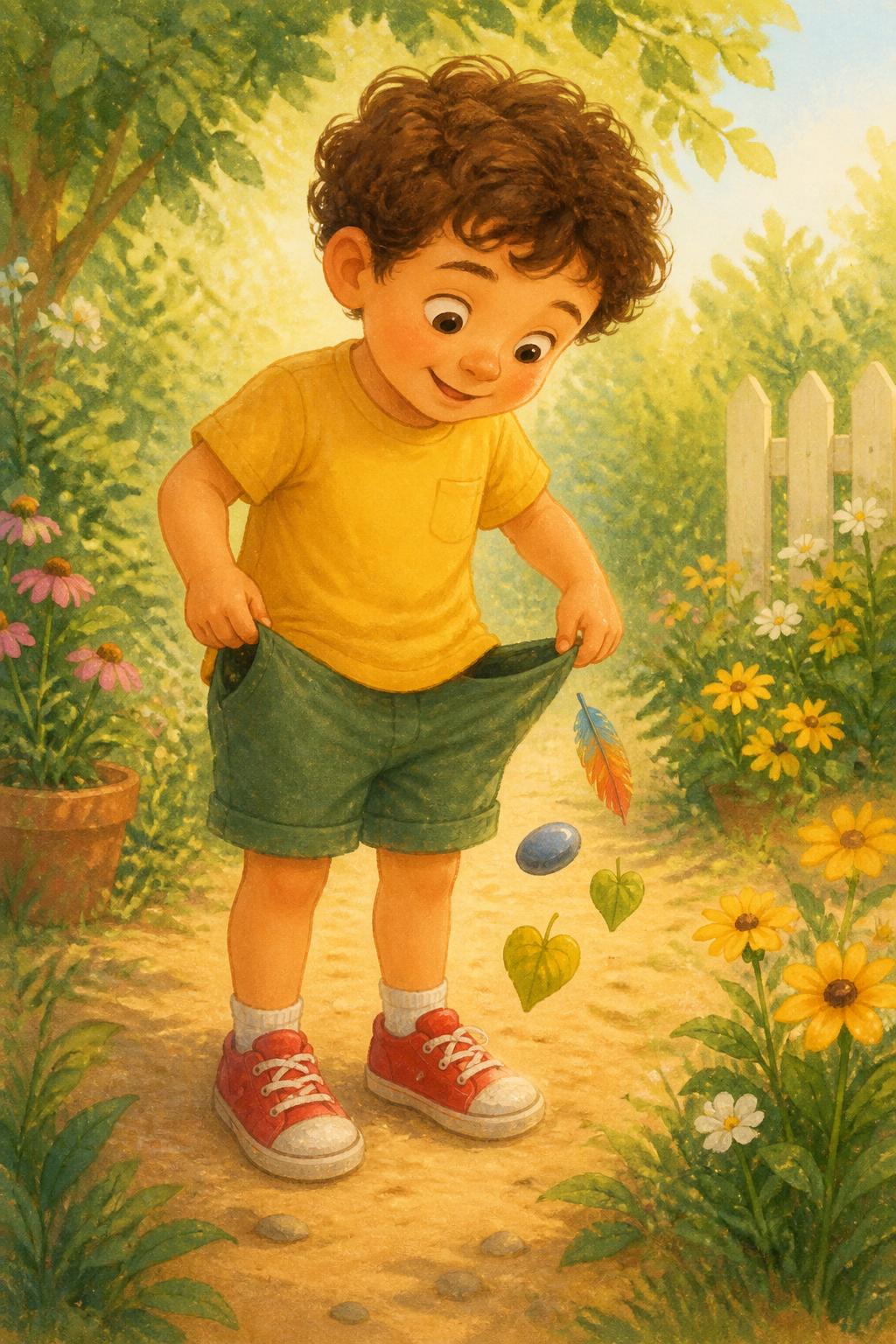 Léo em um jardim ensolarado, virando os bolsos cheios de achados coloridos.